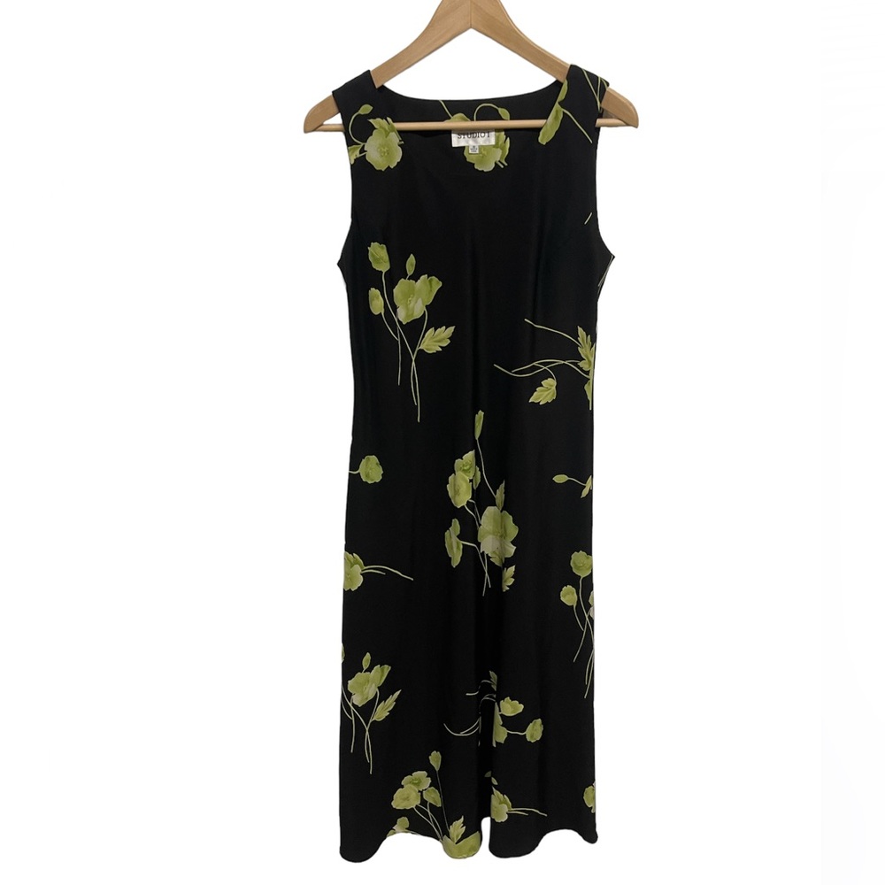 Vintage 1990s Y2K Black Green Floral Long Dress Size 10 Large